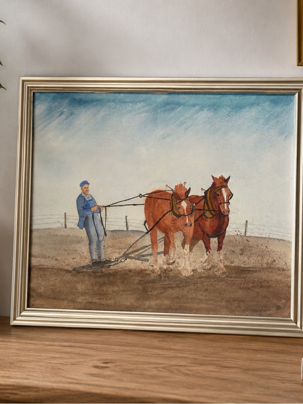 Vintage framed watercolor painting featuring farm scene